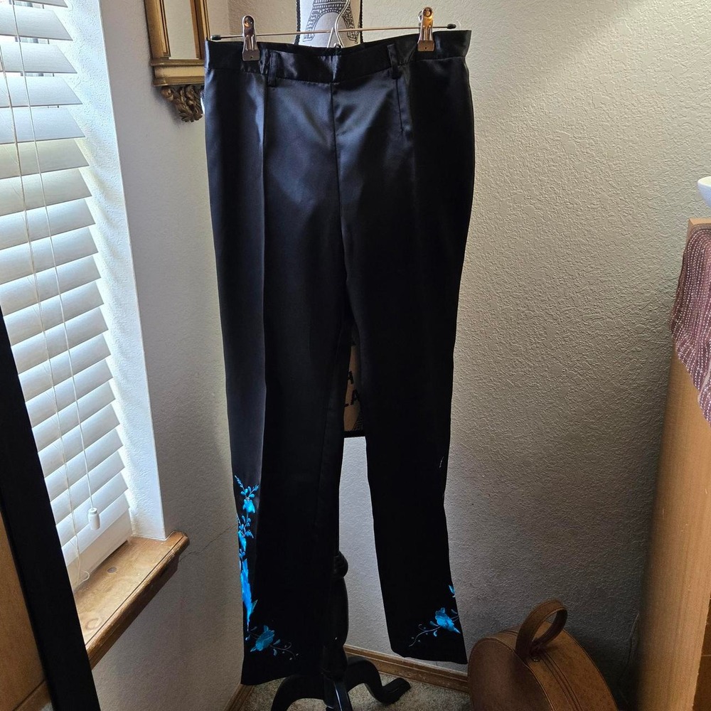 Cigarette style black satin embroidered pant